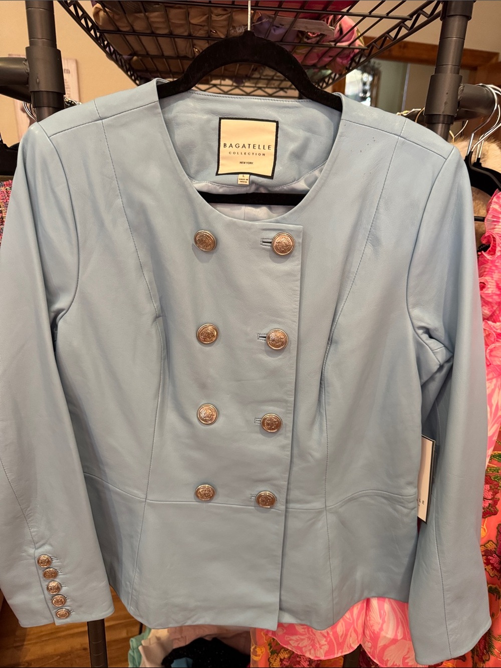 bagatelle Pale Blue Double-Breasted Leather Jacket